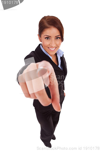 Image of attractive business woman pointing at you 