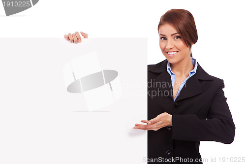 Image of  business woman showing blank signboard