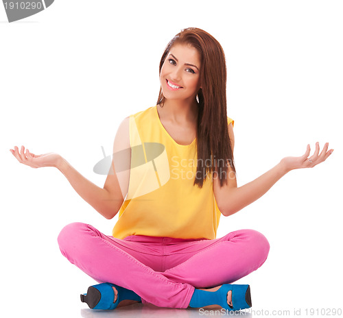Image of woman sitting and welcoming to relax