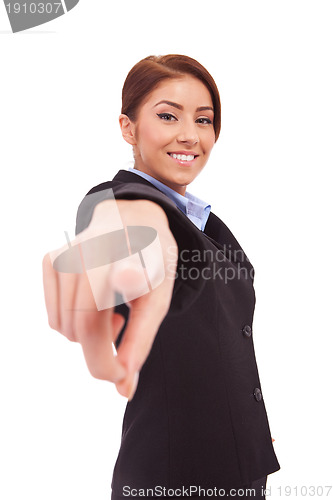 Image of Business woman point finger at you