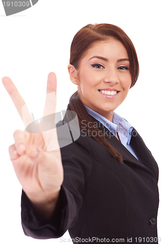 Image of  business woman showing victory sign