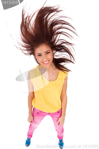 Image of  casual woman with beautiful fluttering hair 