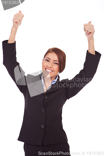 Image of Happy business woman with thumbs up