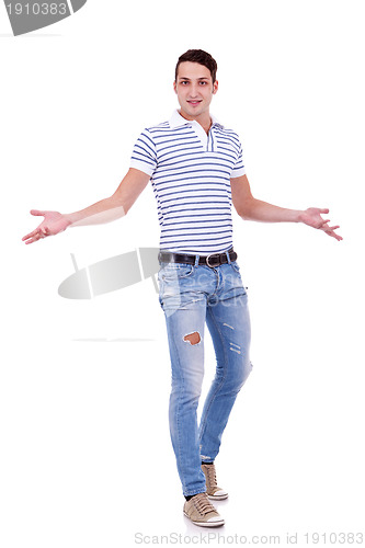 Image of casual man gesturing welcome