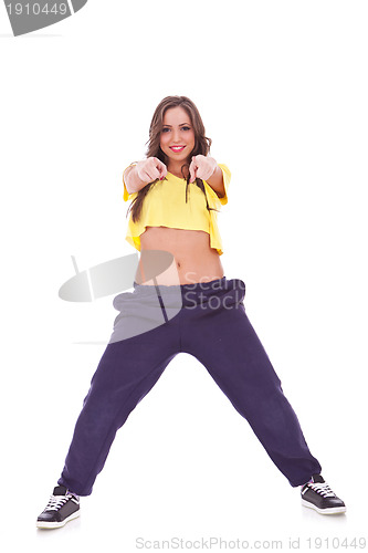 Image of young casual sporty woman choosing you
