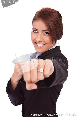 Image of business woman on white getting into a fight