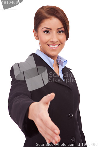 Image of Young  business woman wlecoming to the team