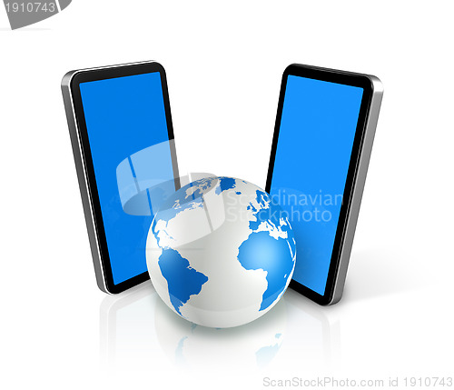 Image of two mobile phones around a world globe