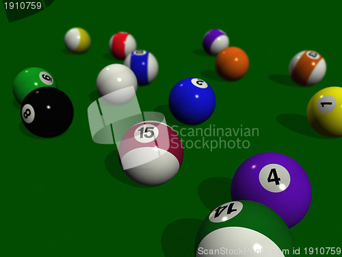 Image of pool balls on a green billiard table