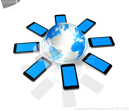 Image of mobile phones around a world globe