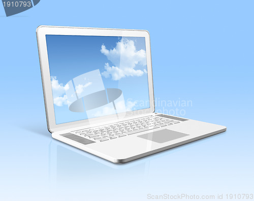Image of White laptop computer with sky screen isolated on blue