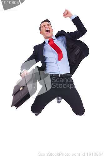 Image of super excited business man with briefcase