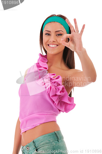 Image of young sexy fashion model with ok gesture