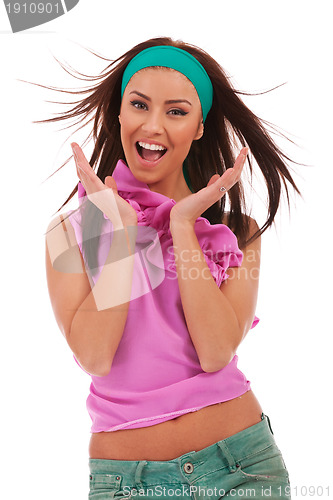 Image of excited and amazed young woman