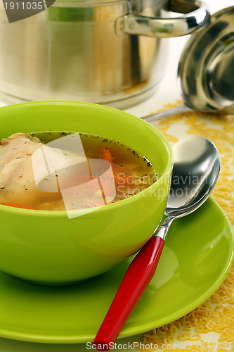 Image of Soup with pasta and chicken.