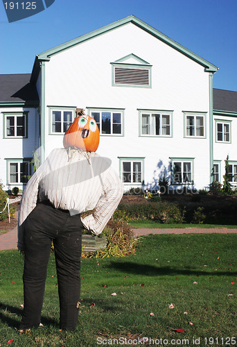 Image of Pumpkin person in front of a house