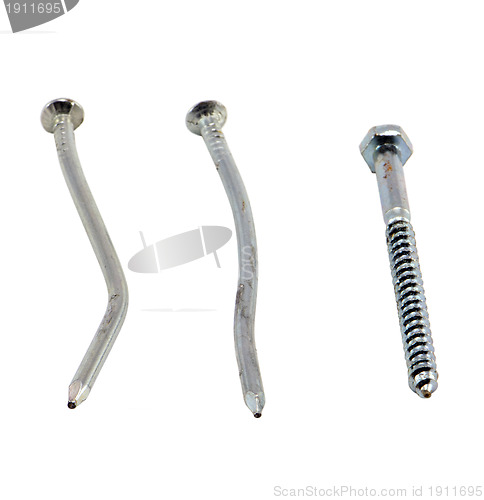 Image of nails hammered bend screw bolt on white 
