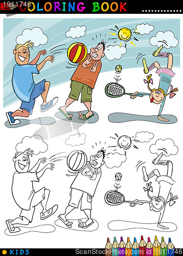 Image of children playing ball cartoon for coloring