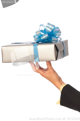 Image of grey box with blue bow as a gift