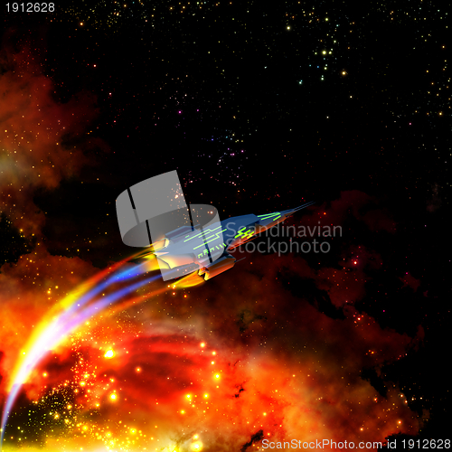Image of red-hot spaceship and nebula