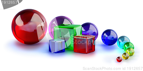 Image of glass cubes and colorful marble balls