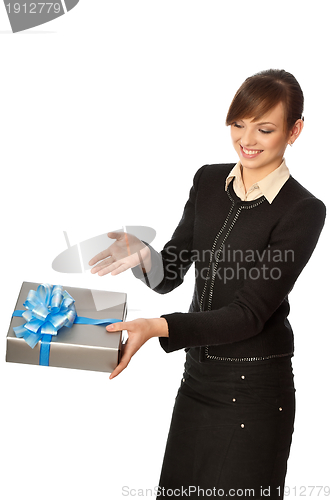 Image of Silver box with blue bow as a present