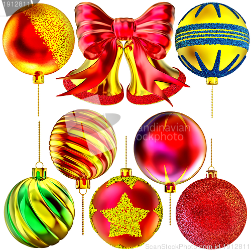 Image of set of golden Christmas-tree bells and balls