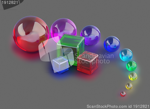 Image of glass cubes and colorful marble balls