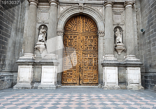 Image of Historic wooden entrance doors to Metropolitan Cathedral in Mexi