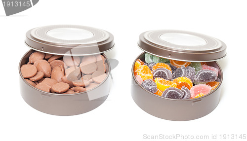 Image of Colorful Jelly and Chocolate Candies in tin cans