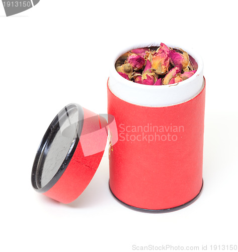 Image of Dried Rosebuds in red can