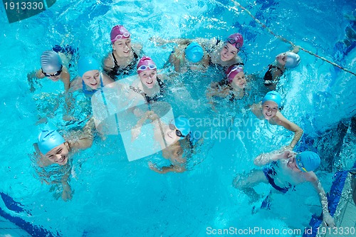 Image of happy childrens at swimming pool