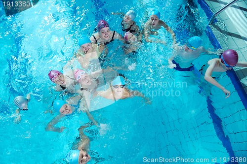 Image of happy childrens at swimming pool