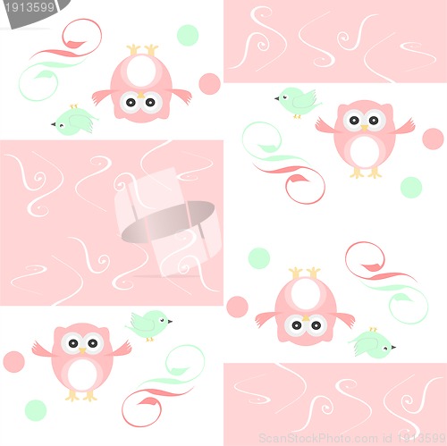 Image of Seamless colourfull owl and birds pattern for kids in vector