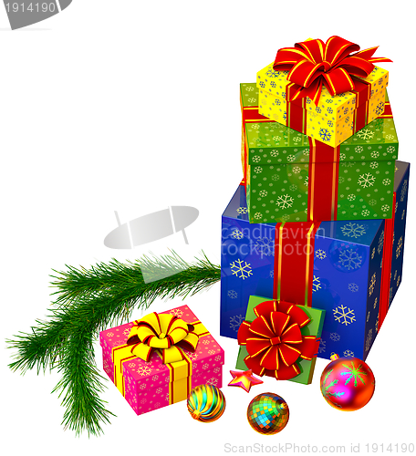 Image of Christmas tree toys and set of gifts with red bows