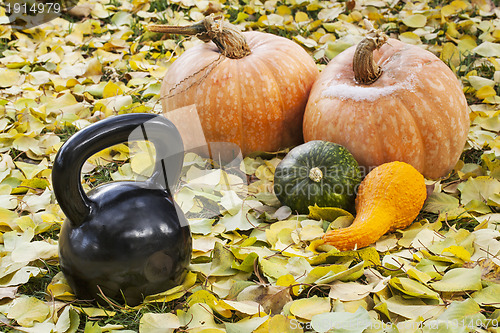 Image of iron kettlebell and pumpkin