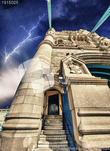 Image of Storm over the powerful structure of Tower Bridge in London