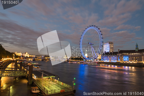 Image of London Skyline at dusk from Westminster Bridge with illuminated 