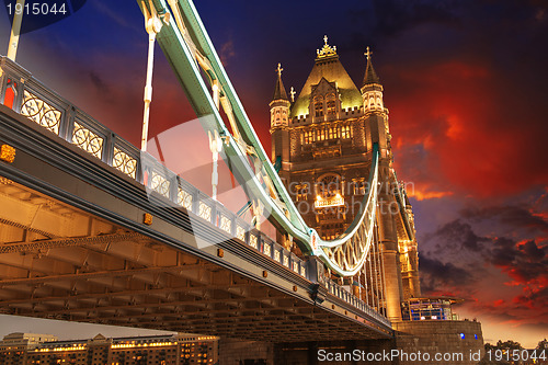 Image of Famous Tower Bridge at night, seen from Tower of London Area, UK