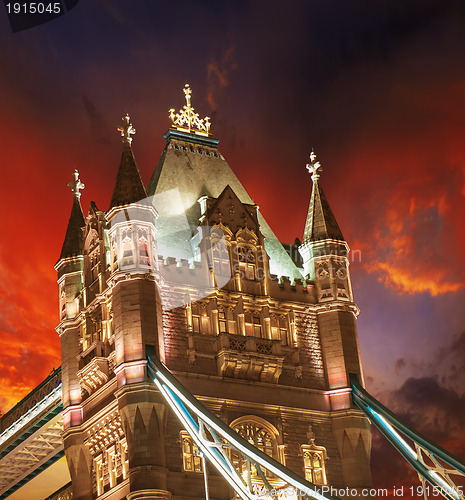 Image of Lights and Colors of Tower Bridge at sunset with Clouds and sunr
