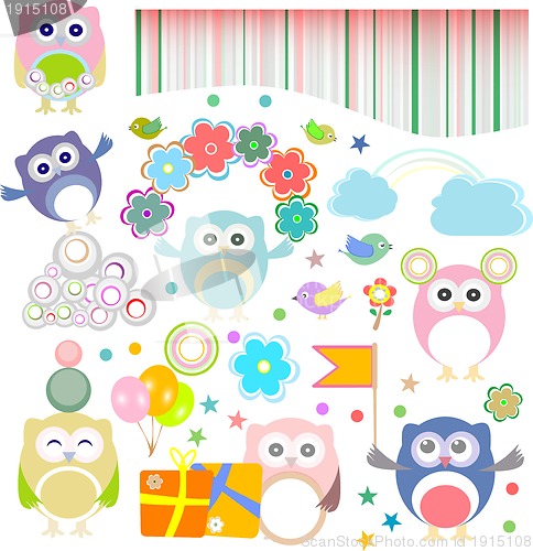 Image of Birthday party elements with funny owls. Vector set