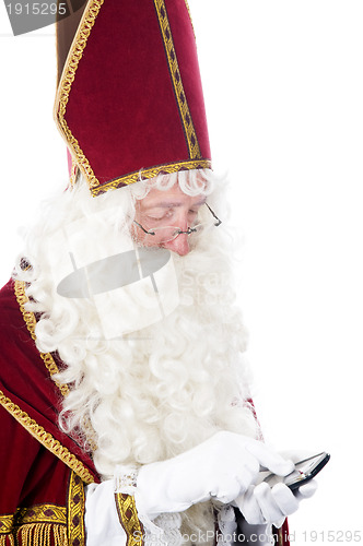 Image of Sinterklaas with a mobile phone