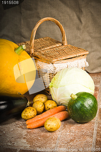 Image of still life with vegetables and a basket 