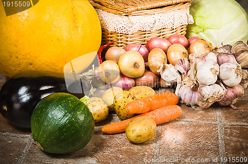 Image of still life with vegetables and a basket 