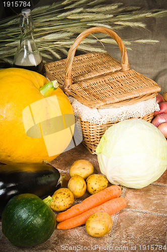 Image of still life with vegetables and a basket 