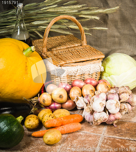 Image of still life with vegetables and a basket 