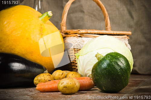 Image of still life with vegetables and a basket 
