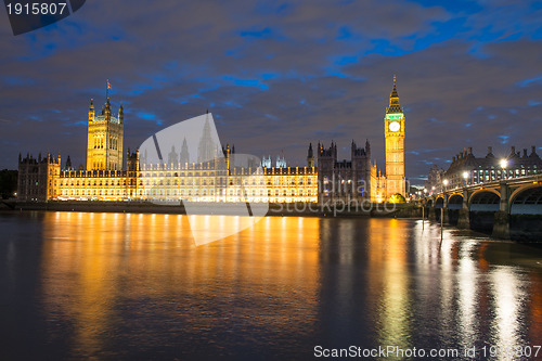 Image of Lights of Houses of Parliament and Big Ben at Dusk, front view -