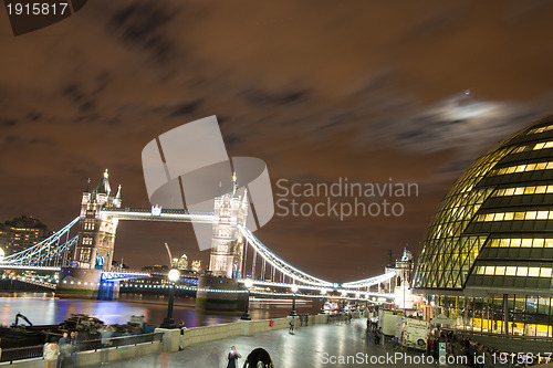 Image of City Hall on the banks of the Thames with Tower Bridge at Night,