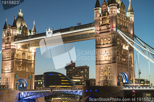 Image of Lights and Colors of Tower Bridge from St Katharine Docks at Nig